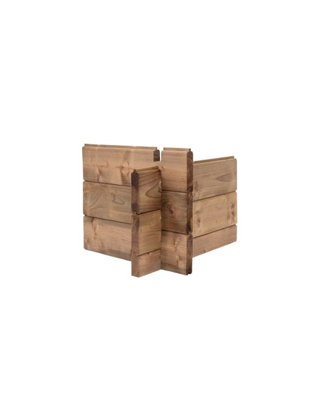 Eckverbindung von Gartenhausbohlen aus Holz mit Nut und Feder.