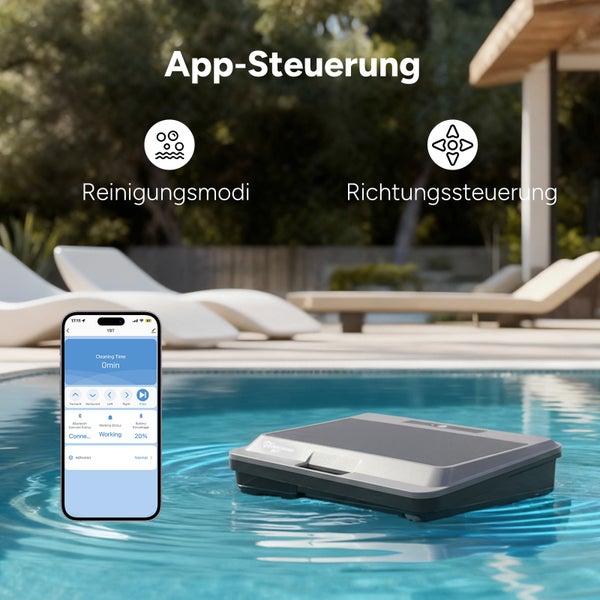 Poolroboter im Wasser mit App-Steuerung für Reinigungsmodi und Richtungssteuerung über ein Smartphone.