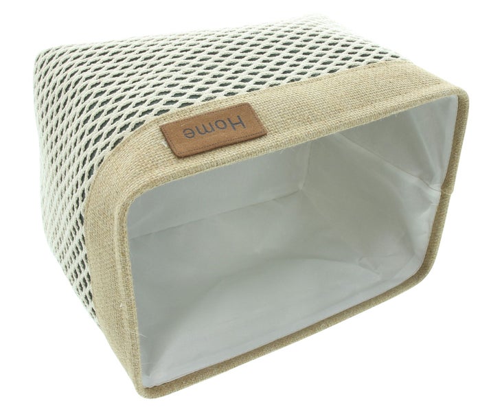 Rechteckiger Aufbewahrungskorb mit Netzstruktur, Jute-Rand, Innenfutter und Home-Aufnäher.