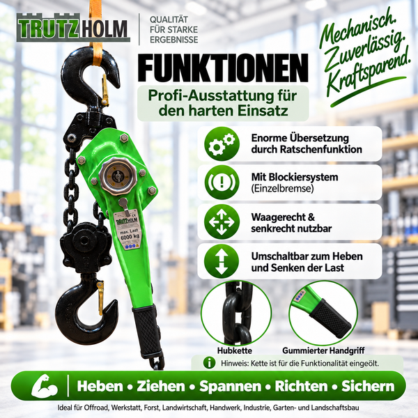 Trutzholm Hebelzug mit 6000 kg Tragkraft für Heben, Ziehen und Spannen mit Ratschenfunktion, Blockiersystem und gummiertem Handgriff.