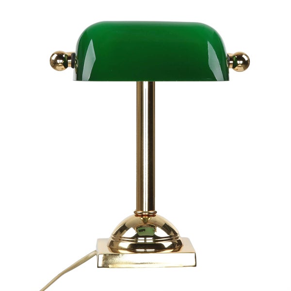Bankerlampe mit grünem Schirm und goldenem Fuß