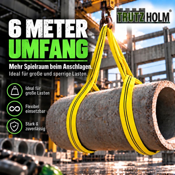 Trutzholm Rundschlinge mit 6 Meter Umfang beim Heben eines schweren Betonrohrs auf einer Baustelle