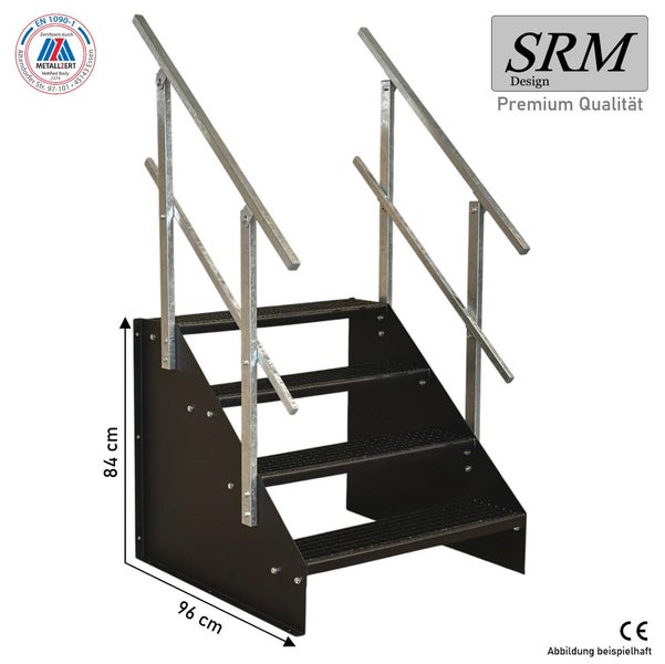 Gitterrost Treppenstufe aus verzinktem Stahl mit rutschhemmender Antrittskante und Seitenplatten