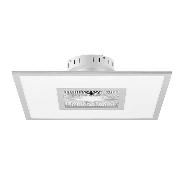 Quadratische LED-Deckenleuchte mit integriertem Ventilator und silbernem Metallrahmen.