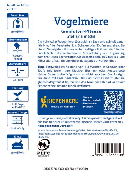 Saatgutpackung Vogelmiere Stellaria media von Kiepenkerl als Grünfutter für Vögel und Salatkraut mit Anbauinformationen und Piktogrammen.