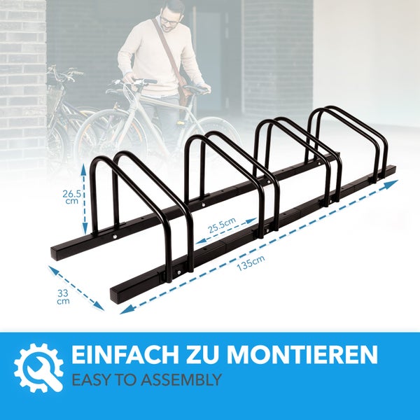 FLOORDIREKT Fahrradständer Linus - Boden- oder Wandmontage möglich - Schwarz - 4 Fahrräder