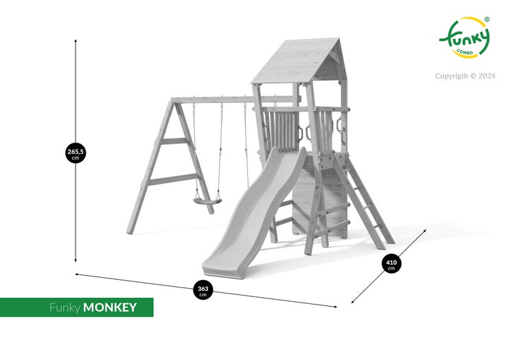 Holz-Spielturm Funky Monkey mit Rutsche, Doppelschaukel und Dach. Maße: 265,5, 363, 410 Zentimeter. Funky Combo Logo.