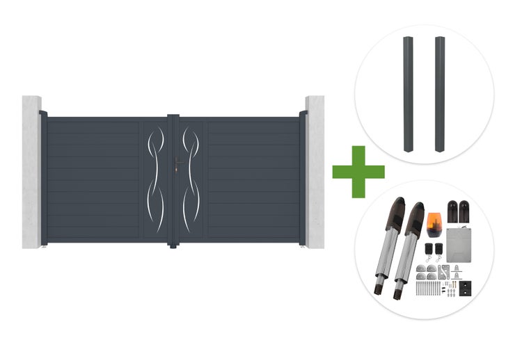 Doppelflügeltor aus Aluminium in Anthrazit mit dekorativem Muster, inklusive zwei Pfosten und elektrischem Torantrieb-Set.