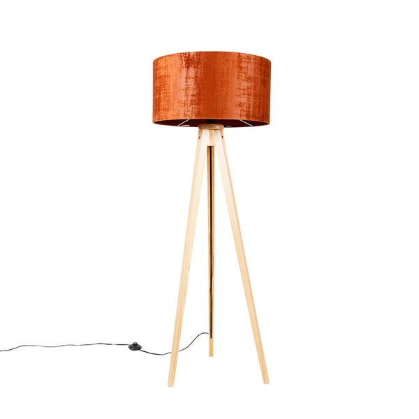 QAZQA - Landhaus I Vintage Stehlampe Holz mit Stoffschirm orange 50 cm - Tripod I Dreifuß Lampe I Dreifuss Classic I Wohnzimmer I Schlafzimmer - Textil Rund - LED geeignet E27