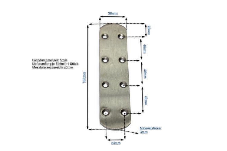Flachverbinder aus Metall mit acht Bohrungen, Abmessungen 165 mal 38 mal 3 Millimeter, für Holzverbindungen.