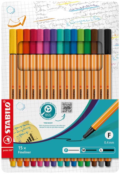 15er-Pack Stabilo point 88 Fineliner in verschiedenen Farben, Strichstärke null Komma vier Millimeter, Gehäuse aus 96 Prozent biobasiertem Kunststoff.