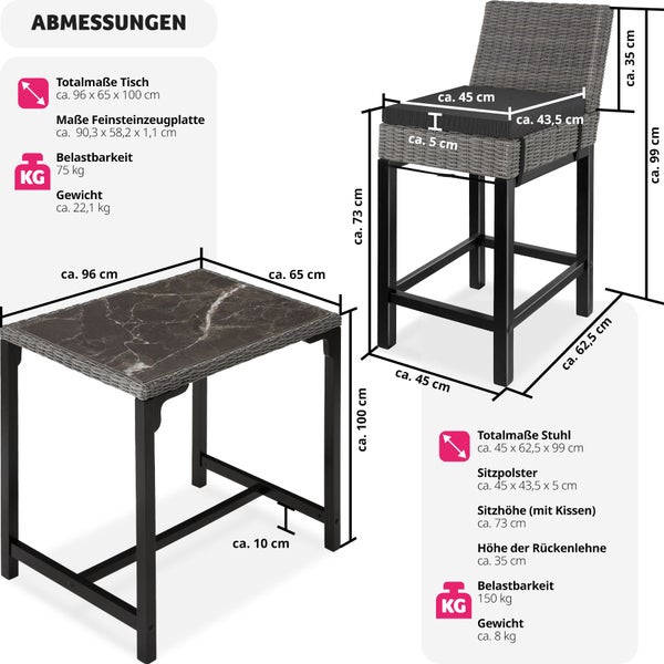 Rattan Tisch Kutina mit 2 Stühlen Latina tectake  Beine aus Holz mit Aluminiumgestellen grau
