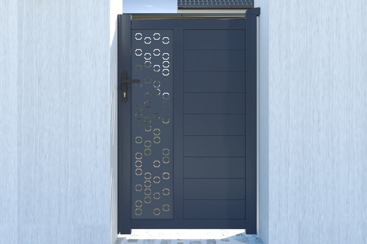 Modernes Gartentor aus Aluminium in Anthrazit mit dekorativem Sechseck-Muster und Drückergarnitur.