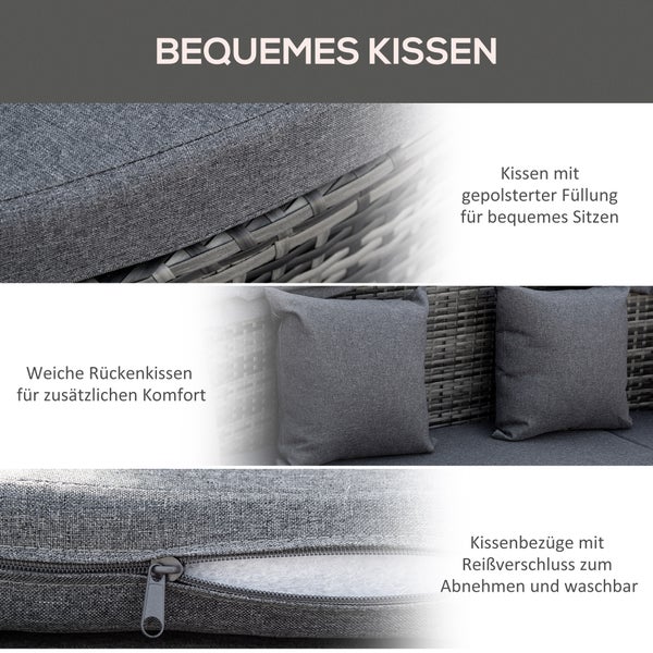 Outsunny 4-teilige Rattan Sonneninsel Sitzgruppe Liegeinsel mit Sonnendach, 4 Kissen für Garten, Balkon Metall Grau 230 x 145 x 80 cm