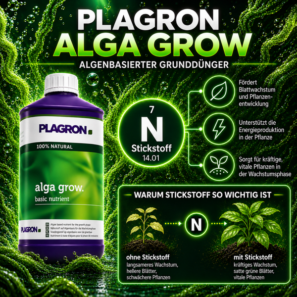 Plagron Alga Grow algenbasierter Grunddünger Flasche mit Informationen zu Stickstoff und Pflanzenwachstum für die Wachstumsphase.