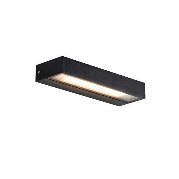 Schwarze rechteckige Aussenwandleuchte aus Metall mit integriertem LED Leuchtmittel und nach unten gerichtetem Lichtstrahl.