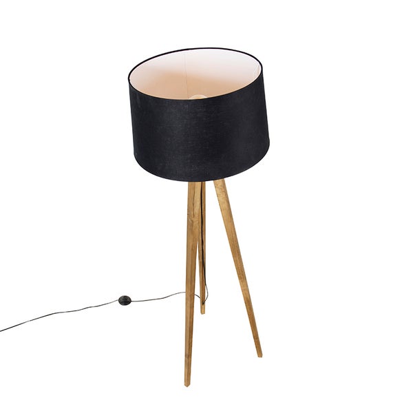 Stehlampe mit schwarzem Lampenschirm und Holzfuß