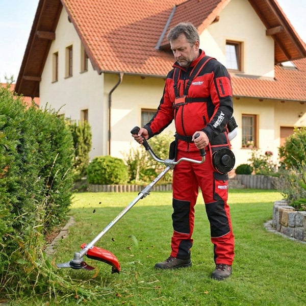 Mann schneidet Rasen mit einem Rasentrimmer im Garten.