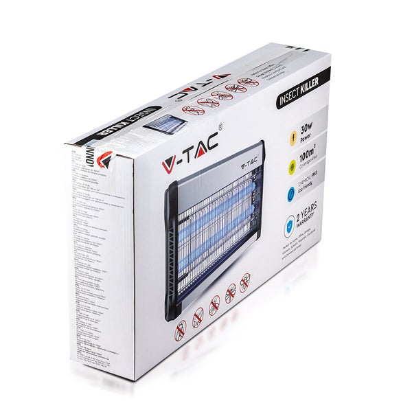 V-TAC elektrischer Insektenvernichter in der Verpackung, 30 Watt Leistung, Wirkungsbereich 100 Quadratmeter, chemiefrei, zwei Jahre Garantie.