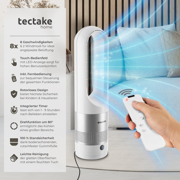 Turmventilator tectake Polar 14,5 x 55,5 cm, inklusive Fernbedienung 80° Oszillation, 20 W weiß