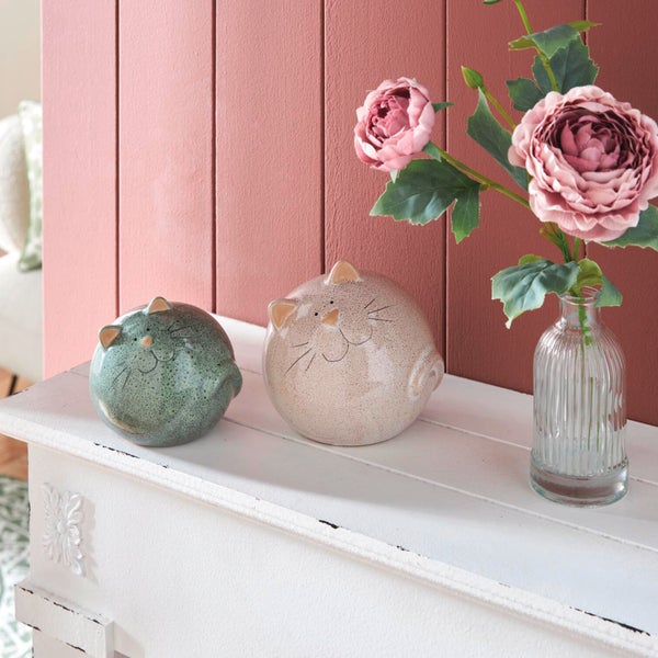 FRANK FLECHTWAREN|Dekofigur Kugel-Kätzchen, 2er Set, 10 x 10 x 9,5 cm, 12 x 12 x 12 cm, PORZELLAN