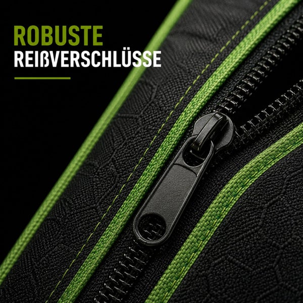 Detailaufnahme eines robusten Metall-Reißverschlusses an einer schwarzen Tasche mit grünen Akzenten.