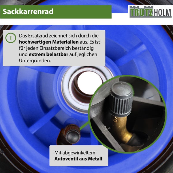 Trutzholm Sackkarrenrad mit Kunststofffelge und abgewinkeltem Metall Autoventil als Ersatzrad.