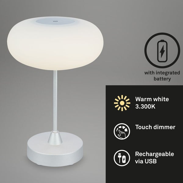 Briloner Leuchten - LED Tischlampe Akku, Dimmbar, Glas LED Tischleuchte Kabellos, Touchfunktion, 3.300K Warmweiß, Chrom-Matt, 150x160 mm (HxD)