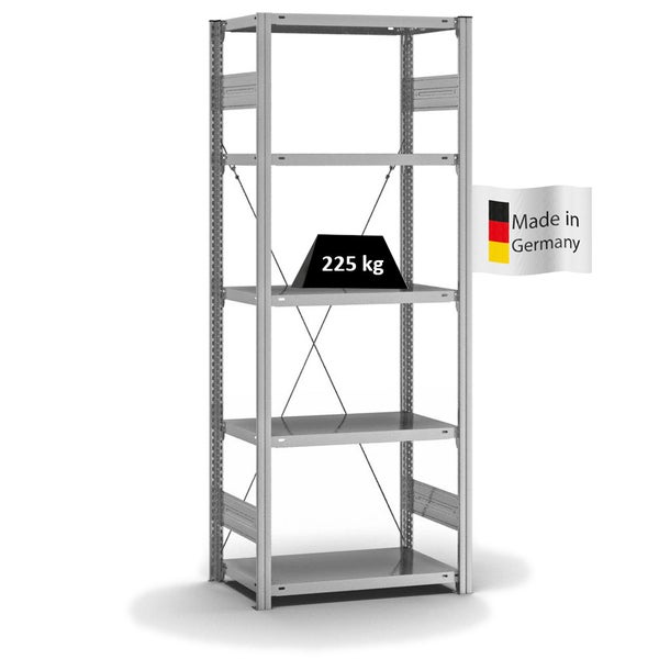 PROREGAL Fachbodenregal Stecksystem T-Profil Medium-Duty Grundregal HxBxT 200 x 75 x 40 cm 5 Ebenen Fachlast 225 kg Einseitig Nutzbar Verzinkt