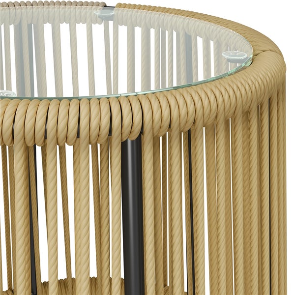 Runder Beistelltisch mit Glasplatte und vertikaler Seilbespannung.