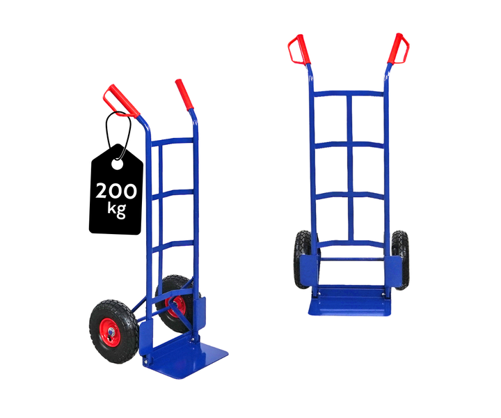Blaue Sackkarre mit 200 Kilogramm Tragkraft, Stahlgestell, roten Sicherheitsgriffen und Luftbereifung.