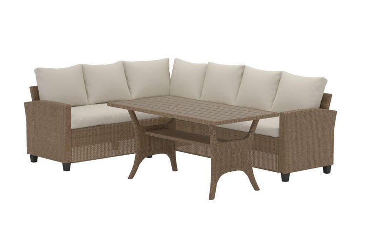 Garten-Ecklounge-Set aus braunem Polyrattan-Geflecht mit beigen Sitzkissen und rechteckigem Tisch mit Ablagefach.