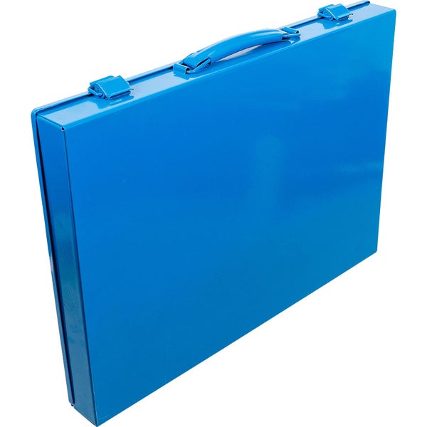 Blauer Werkzeugkoffer aus Metall mit Tragegriff und Verschlüssen