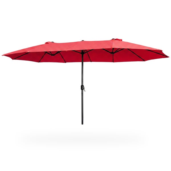 Roter Doppel-Sonnenschirm mit Kurbel und schwarzem Metallgestell.
