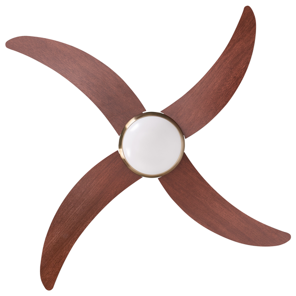 Deckenventilator mit vier geschwungenen Holzflügeln und integrierter runder Beleuchtungseinheit.