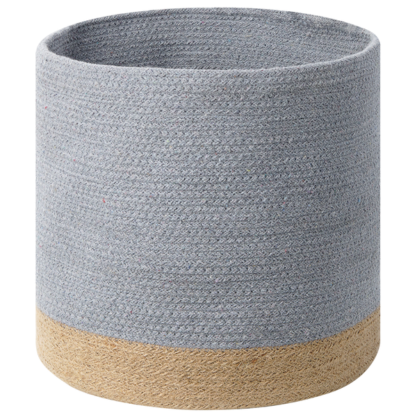 Zylindrischer geflochtener Aufbewahrungskorb aus Textil in Grau mit beigem Boden.