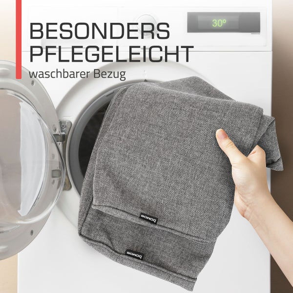 Eine Hand legt einen waschbaren Textilbezug der Marke bomoe in eine Waschmaschine.