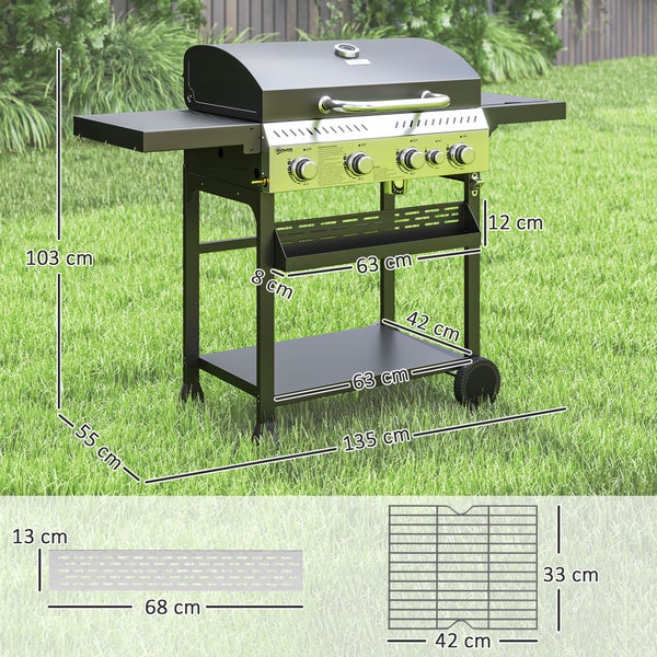 Outsunny Gasgrill 12 KW 4+1 Brenner BBQ Grillwagen aus Edelstahl inkl Seitenbrenner Thermometer Grillrost Kochfeld Flaschenöffner Seitenablagen Gas-Grill für Balkon Camping 135 x 55 x 103cm
