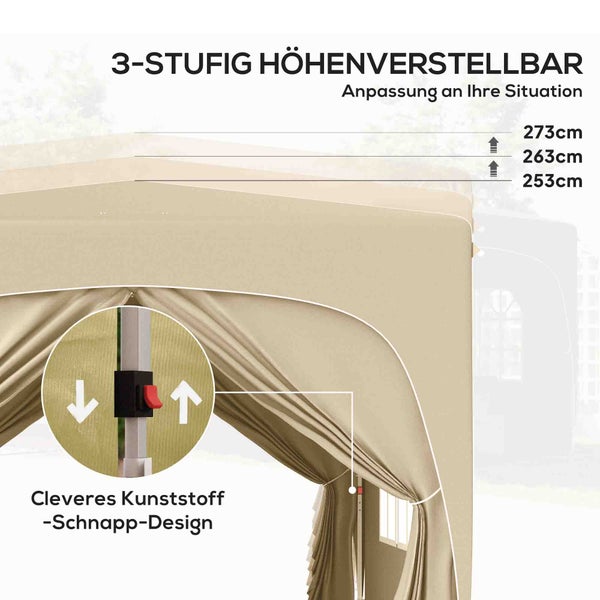 Outsunny Pavillon 3x3m, wasserabweisend Stabil Winterfest Pop-up Faltpavillon, UV Schutz 50+, Faltbar Partyzelt Gartenzelt mit 4 Seitenteilen Tasche Gartenpavillon für Camping Garten, Sand