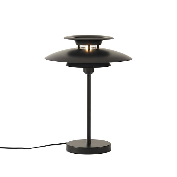 Moderne Tischleuchte aus Metall mit mehrstufigem Schirm und rundem Standfuss.