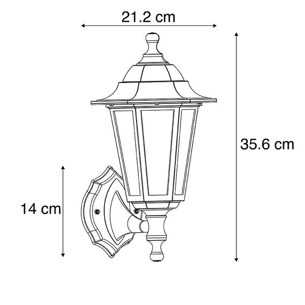 Technische Zeichnung einer Außenwandleuchte im Laternen-Stil mit Maßen: Höhe 35,6 Zentimeter, Breite 21,2 Zentimeter, Wandhalterung 14 Zentimeter.