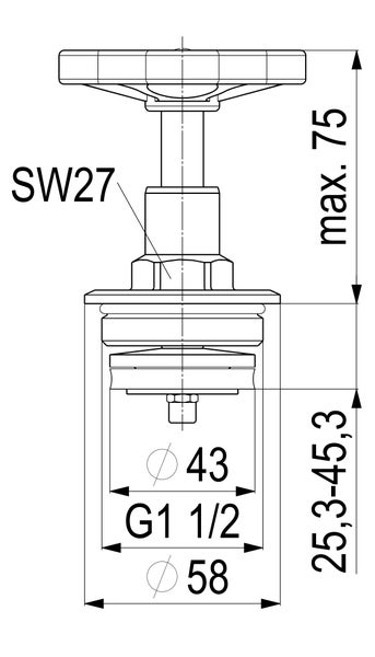 Maßzeichnung eines Ventils: Schlüsselweite 27, maximal 75, 25,3 bis 45,3, Durchmesser 43, Gewinde G 1 1/2 und Durchmesser 58.