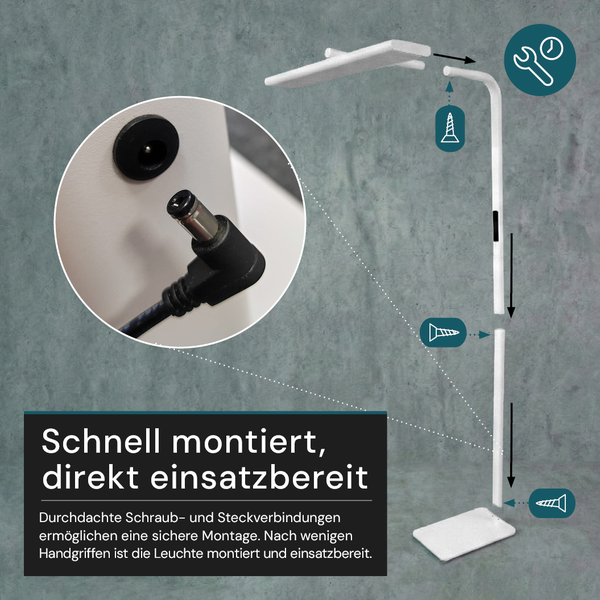 Explosionszeichnung zur Montage einer LED-Stehlampe mit Schraub- und Steckverbindungen sowie Detailansicht des Netzsteckers.