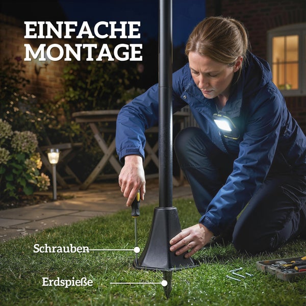 Solar-Laterne mit Dämmerungssensor, zeigt 8 Stunden Ladezeit am Tag und 6 Stunden Leuchtdauer bei Nacht.