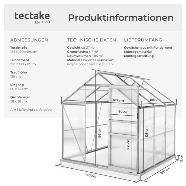 Gewächshaus mit Fundament tectake  185 x 190 x 195 cm 5,85 m³ transparent
