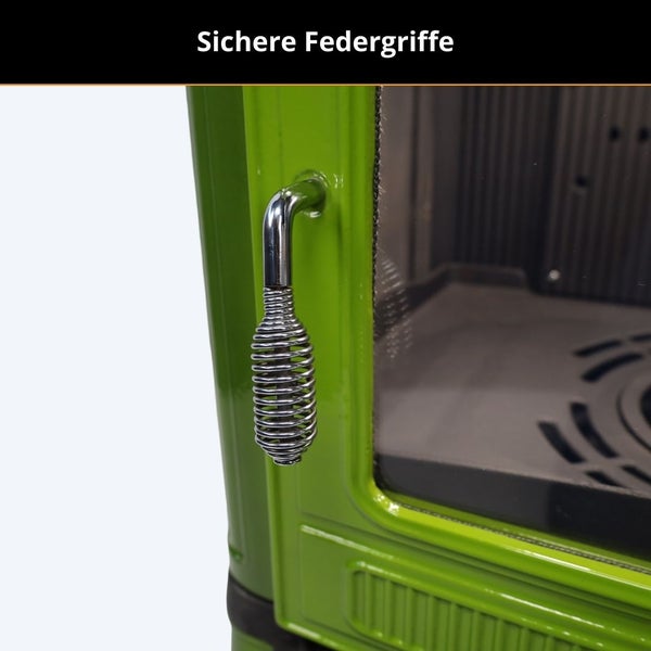 Sicherer Federgriff an der Tür eines Kaminofens.