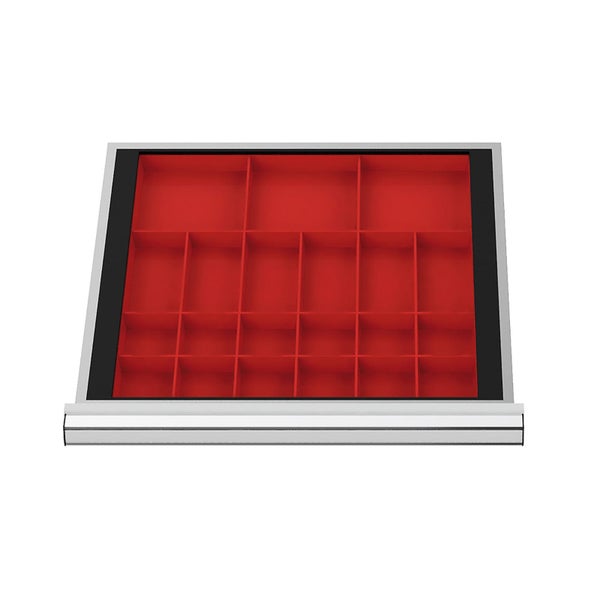 Schubladeneinsatz für Werkzeugwagen mit 18 roten Fächern in verschiedenen Größen zur Aufbewahrung von Kleinteilen.