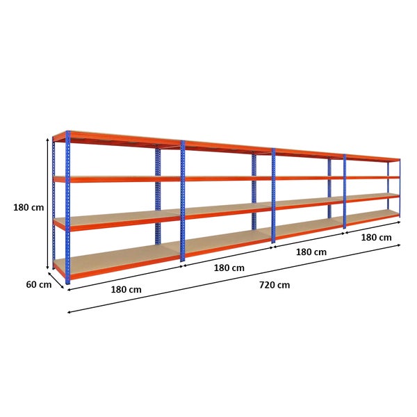 PROREGAL Mega Deal 4x Profi Schwerlastregal Bison HxBxT 200 x 200 x 60 cm 4 Fachböden Fachlast 600 kg Blau-Orange