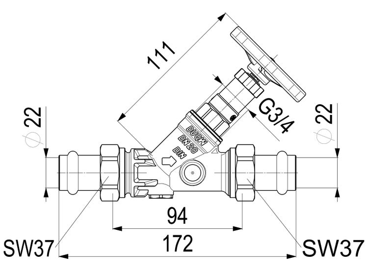 Technische Zeichnung Schrägsitzventil DN20, Durchmesser 22 Millimeter, Länge 172 Millimeter, Gewinde G 3/4 Zoll und Schlüsselweite 37.