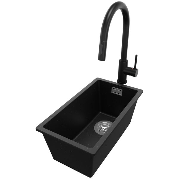 PRIMAGRAN Unterbauspüle Granit Schwarz Metallic 26x47cm, Spülbecken 1 Becken + Küchenarmatur 40x20cm + Ablauf-Set, Granitspüle ab 30er Unterschrank - London